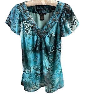 NUE OPTIONS Women’s Blouse Beaded Embellishment Sz Petite XSmall Teal Black PXS